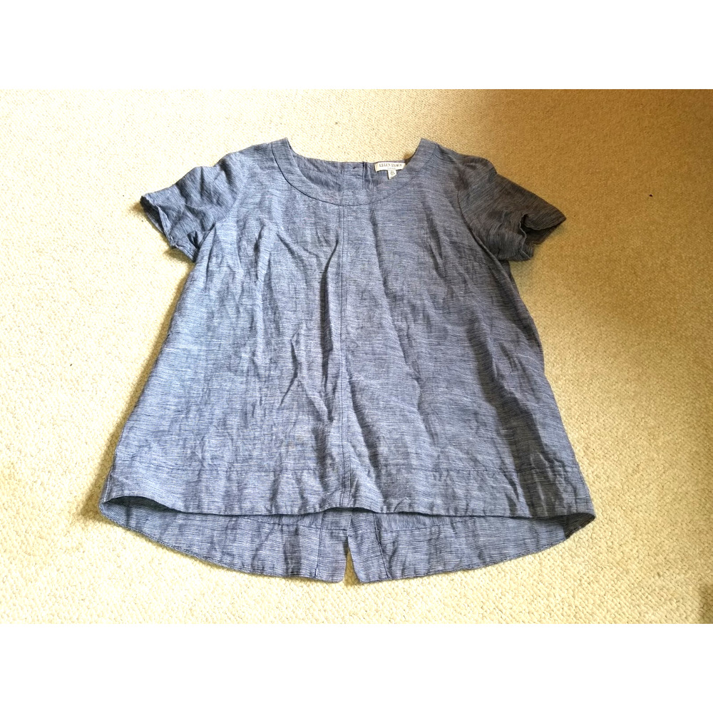 Womens Top-ELLEN TRACY LINEN-blue tweedy linen blend hi-lo tunic Beachy ss-L